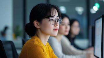 Focused young woman working at a computer in a modern office environment. photo