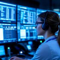 Woman using multiple screens for data analysis in a dark environment. photo