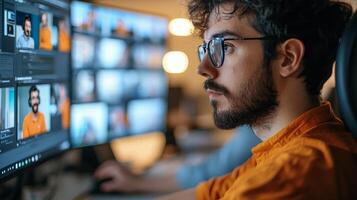 Focused young man editing content on multiple screens in a modern workspace. photo