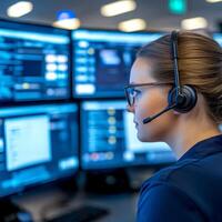 Woman in headset working with multiple computer screens in a modern workspace. photo