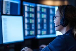 Woman using headset at a computer workstation, multiple screens in a dark environment. photo