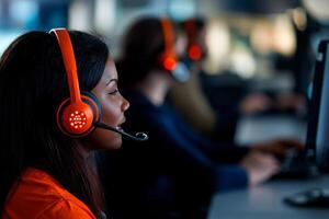 Woman with headset focused on computer in modern office environment. photo