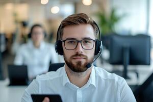 Young man in headset focused on work in modern office environment. photo