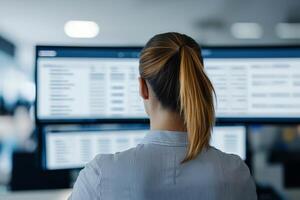 Woman working in front of multiple computer screens in an office setting. photo