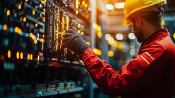 Worker adjusting server equipment in a data center with glowing lights. photo