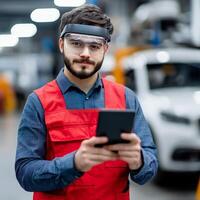 Worker in red overalls using tablet in modern factory setting. photo