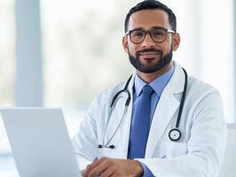 Confident doctor working on a laptop in a modern healthcare setting. photo