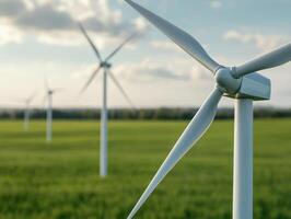Wind turbines in a green field under a clear blue sky, renewable energy source. photo