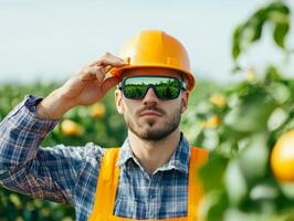 Worker in safety gear in orange grove, bright sunlight, focused on tasks. photo