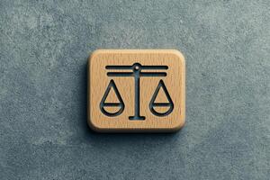 Wooden scales of justice symbol on a textured stone background. photo