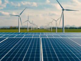 Solar panels with wind turbines in the background on a sunny day. photo