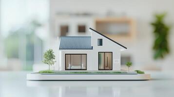 Miniature model house with trees on a white background. photo