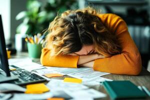 Stressed woman with head down on paperwork at desk, overwhelmed by work. photo