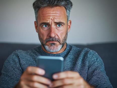 Man looking at smartphone with a concerned expression indoors. photo
