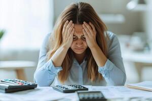 Stressed woman with calculator, hands on head at work desk, frustrated expression. photo