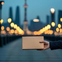 A person holding a parcel against a city skyline at dusk. photo