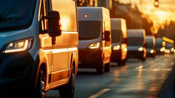 Fleet of delivery vans on road during sunset, showing logistics in busy urban area. photo