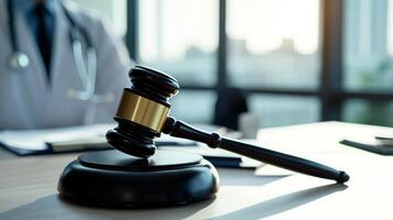 Judicial gavel on a desk, symbolizing law and justice, with a medical professional in background. photo