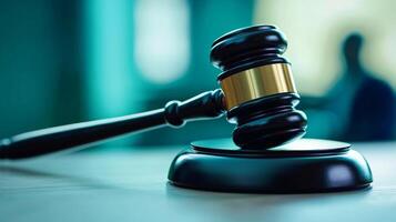Gavel on desk symbolizing law and justice, blurred background. photo