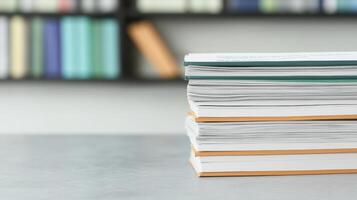 Stack of papers on a desk with blurred bookshelf background. photo