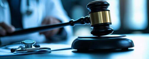 Gavel and stethoscope symbolizing law and medicine on a blurred background. photo