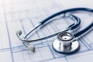 Stethoscope resting on medical blueprint, white isolate background photo