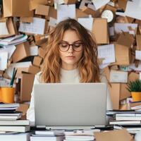 Young woman working on laptop amidst a cluttered workspace. photo