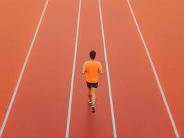 Runner in orange shirt on track, top view, isolated background. photo