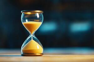 Elegant hourglass on a wooden table with blurred background. photo