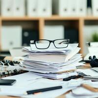Messy desk with glasses, papers, and office supplies in a cluttered workspace. photo
