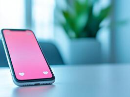 Smartphone on table with pink background, modern tech concept. photo