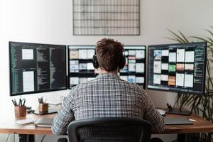 Person working with multiple monitors in a modern office setting. photo