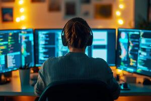 Person working at a computer desk with multiple screens and headphones. photo