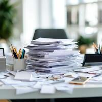 Cluttered office desk with a large stack of papers and scattered stationery. photo