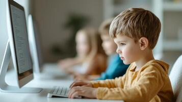 Child engaged in computer activity at home with focus and concentration. photo