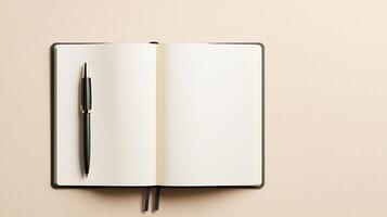 Open blank notebook with pen on minimalist background. photo