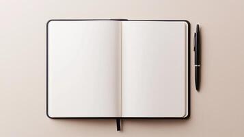 Open notebook with blank pages and pen on a light background photo
