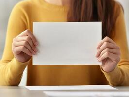 Person holding a blank paper, minimalistic setting, soft focus background. photo