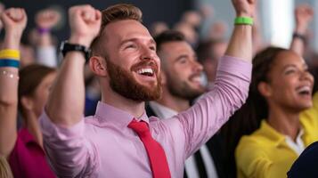 Happy man celebrating success at an event with hands raised joyfully. photo