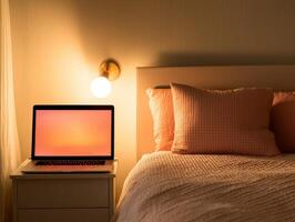 Cozy bedroom with a laptop, bedside lamp, and soft pillows. photo