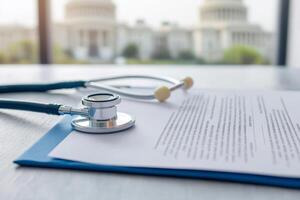 Stethoscope on document, healthcare concept, office setting, soft focus background. photo