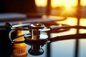 Stethoscope on reflective surface with sunset backdrop. photo