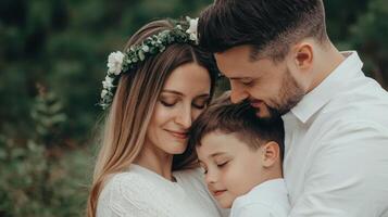 Family portrait with love and warmth in a natural setting, expressing joy and togetherness. photo