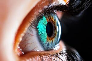 Close-up of a colorful, detailed human eye with vibrant iris patterns. photo
