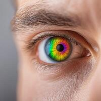 Close-up of a vibrant eye with rainbow colors and intricate detail. photo