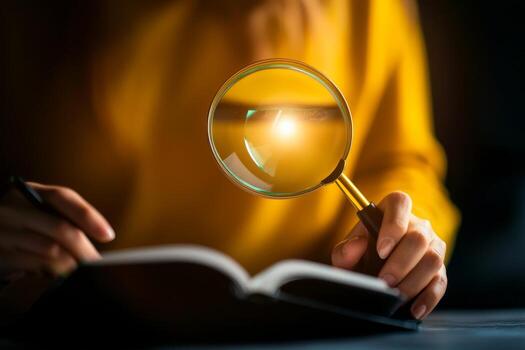 Person studying with a magnifying glass over an open book. photo