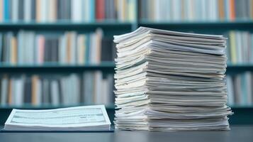 Stack of papers on a desk in front of a bookshelf with blurred books. photo