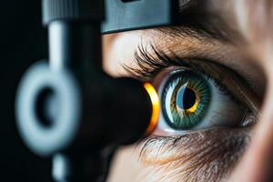 Close-up of a human eye being examined, surrounded by advanced optical equipment. photo