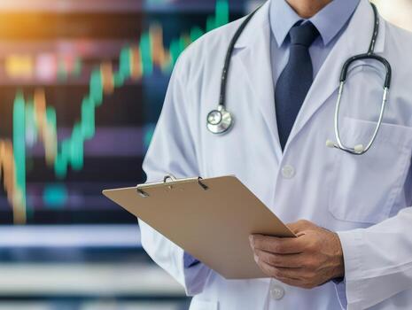 Doctor holding a clipboard with financial graphs in the background. photo