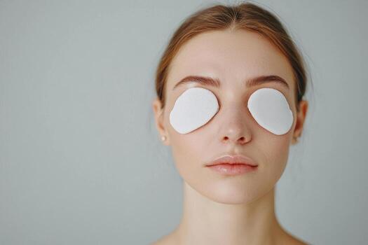A woman with eye pads relaxing, calm expression on a soft colored background. photo